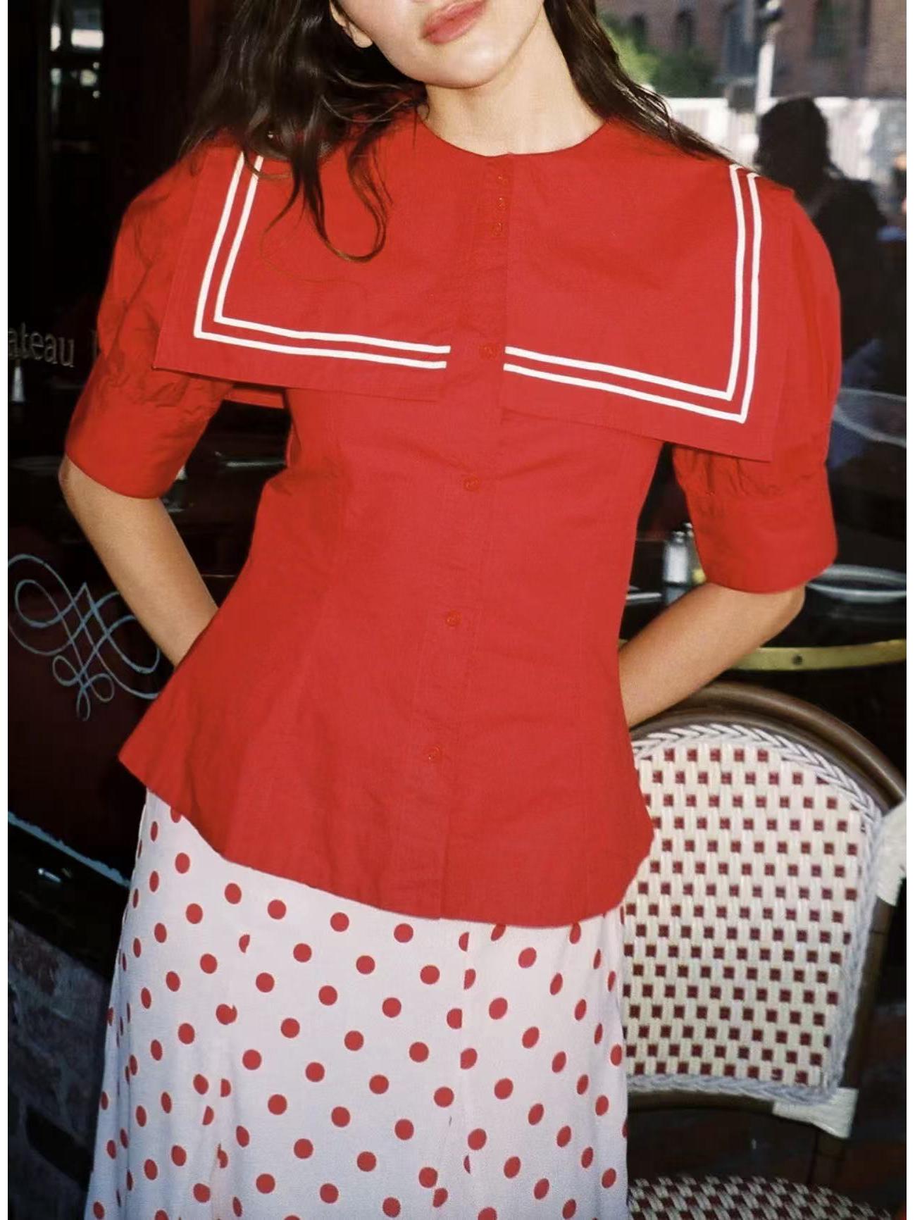 French Niche Red Sailor Collar Contrast Color Puff Sleeve Cinched Waist Short-Sleeve Shirt - 2026 Spring/Summer Collection L красный