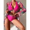 Neckholder Print Bikini Sets 3PCS Damen Badeanzug Mit Kimono Hohe Taille Bademode Weibliche Badegäste Baden Schwimmen Badeanzug Strandbekleidung