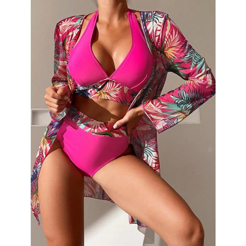 Neckholder Print Bikini Sets 3PCS Damen Badeanzug Mit Kimono Hohe Taille Bademode Weibliche Badegäste Baden Schwimmen Badeanzug Strandbekleidung