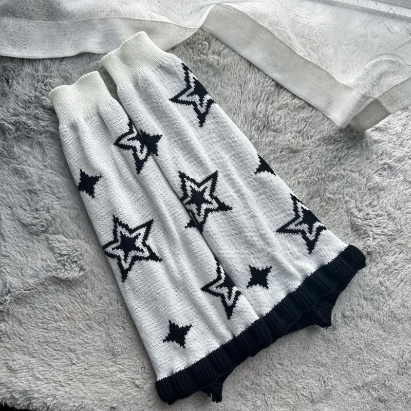 Punk Women Leg Warmers Japanese Aesthetic Star Pattern Flared Knitted Foot Cover Ruffle Trim Long Stockings Streetwear