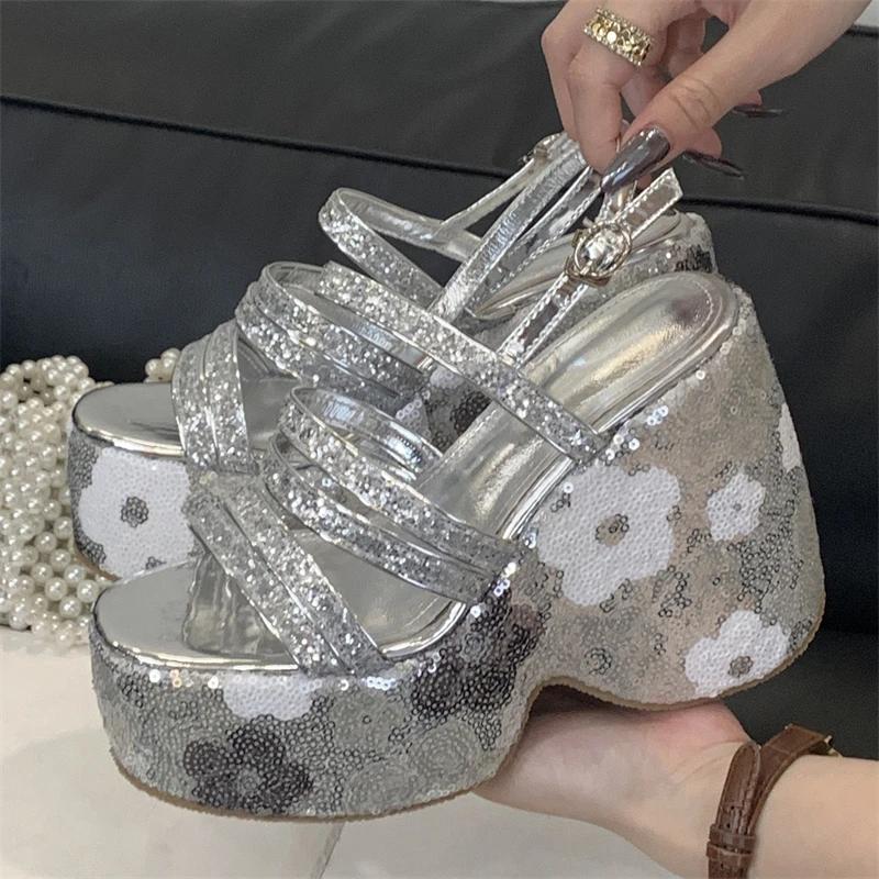 Eilyken Summer CRYSTAL Diamonds Sequin Cloth Platform Wedges Heels Sandals Women Buckle Strap Shoes Zapatillas De Mujer