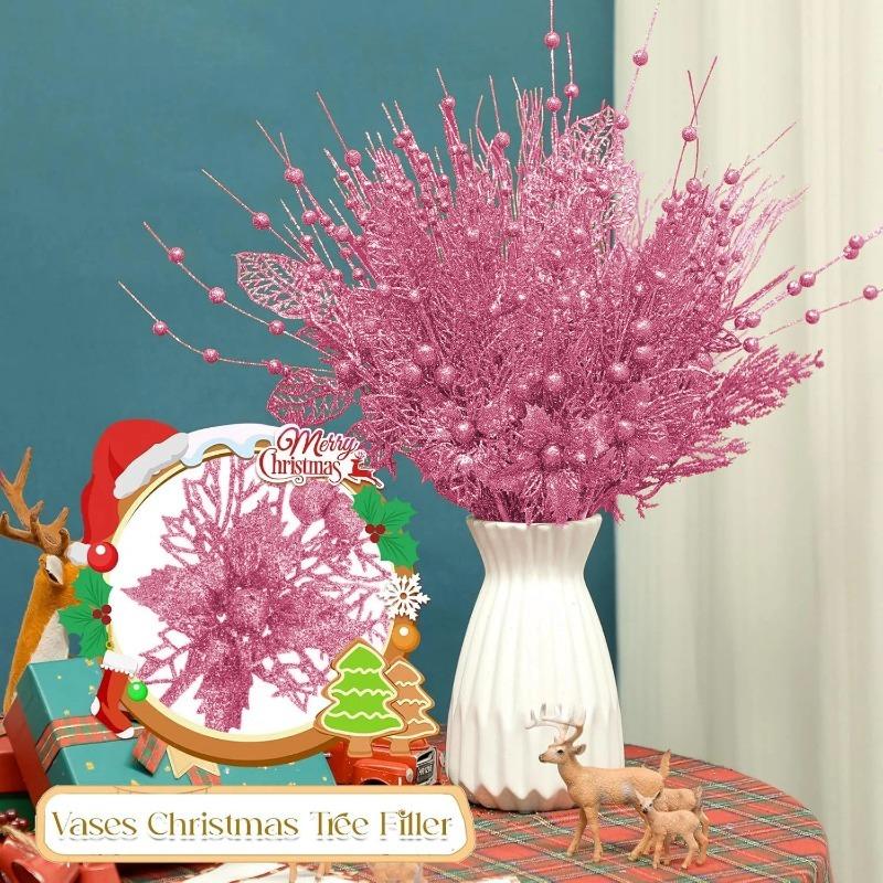 12 Stück Rosa Weihnachtsbaumschmuck Künstliche Glitzerzweige Weihnachtsbaumhänger Navidad Beerenblumen Geschenk Neujahr Heimdeko