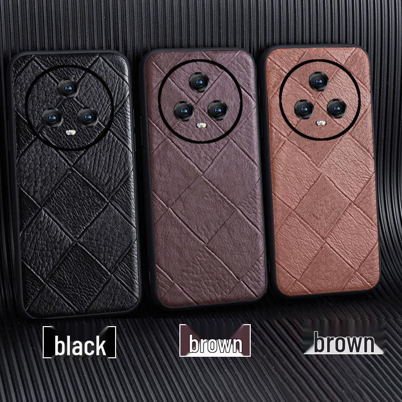 

Кожаный чехол с ромбовидным узором из коровьей кожи Honor Magic6Pro - Всесторонняя защитная накладка Honor Magic5 Pro коричневый
