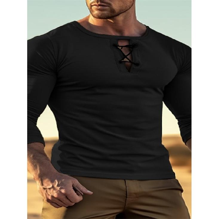 Herren Rundhals Einfarbig Knopf Langarm T-Shirt Lässig Sportliches Basis-Shirt Top