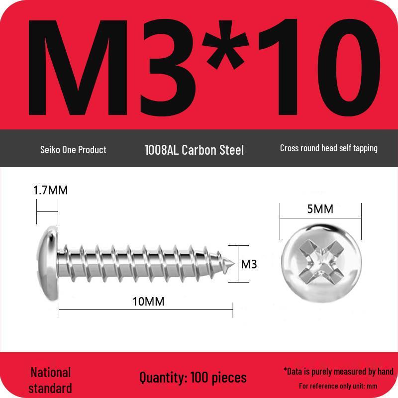 Galvanized Self-Tapping Screws, Round Head, White Zinc, PA Cross Pan, Pointed Tail M1.2-M4