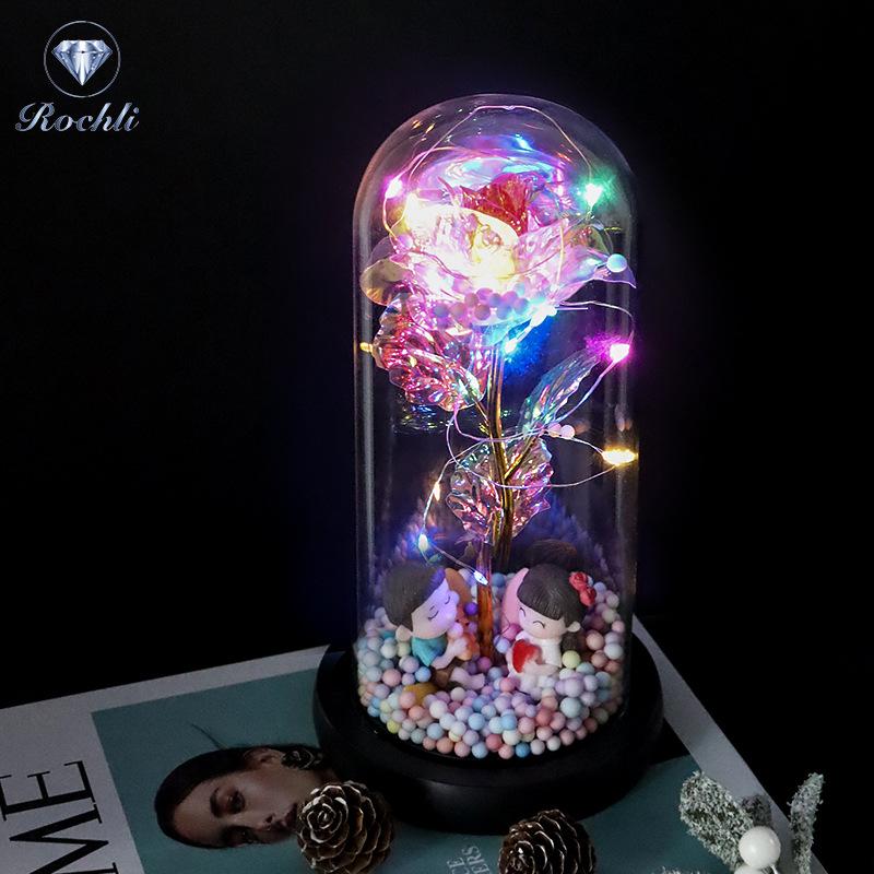 Rose Flower Preserved in Glass Dome with Night Light - Mother's Day or Birthday Gift Ornament