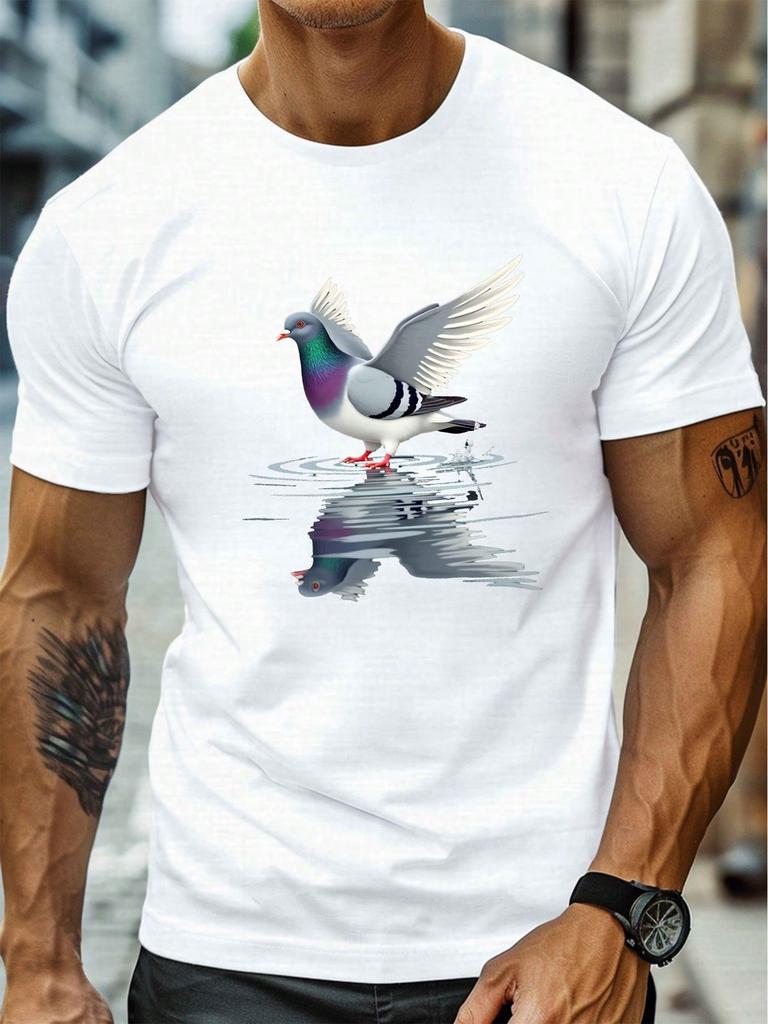 Reflection detailed pigeon illustration Print MenS Round Crew Neck Short Sleeve Tee casual T ShirtCasual Comfy lightweight