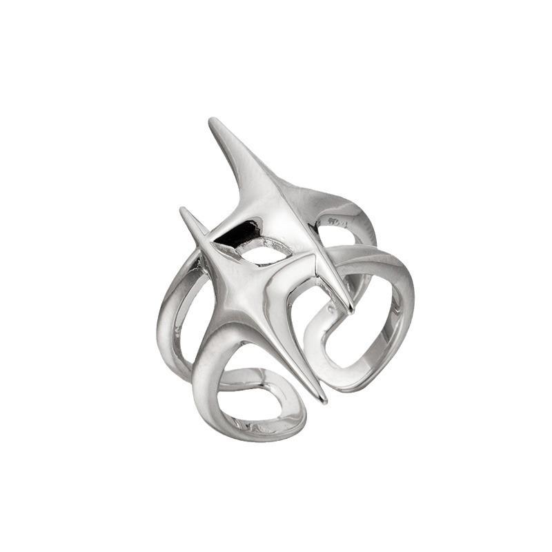 Geometric Starburst Double Layer Adjustable Silver Ring for Women