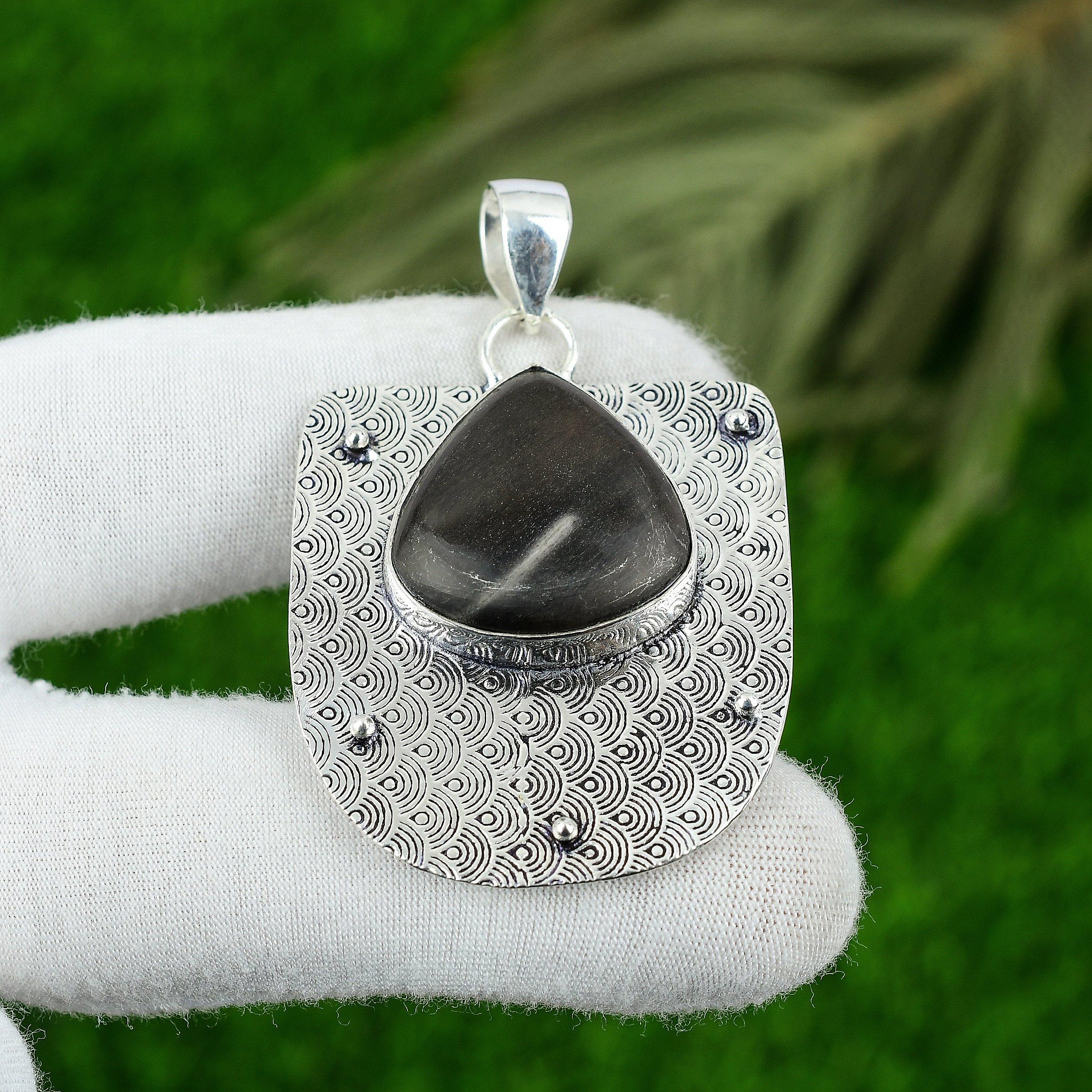 

Pear Silver Sheen Obsidian Stone Engagement Bezel Pendant 925 Sterling Silver