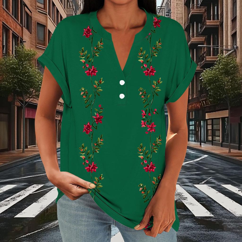 Women Casual Loose Fit Short Sleeve V Neck Button Floral Print Top Lightweight Summer Blouse