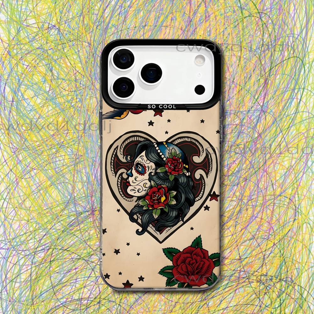 Mexican Catrina Skull Girls For iPhone 17,16,15,14,13,12,X,8,Pro,Max,Plus,SE4,Air,Mini Black IMD Matte Case