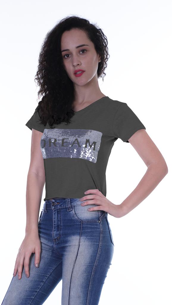 Moomaya Womens Short Sleeves V Neck Tshirt Top w  Sequin Patch ShortTee Summer