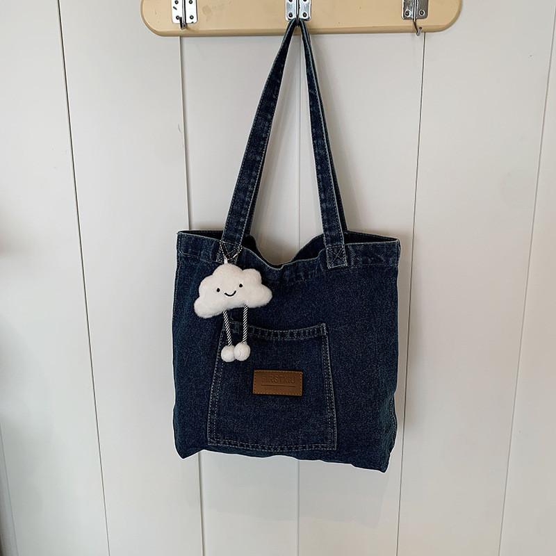 Fashionable Medium Sized Denim Tote Bag With Unique Stitching Details For Everyday Use