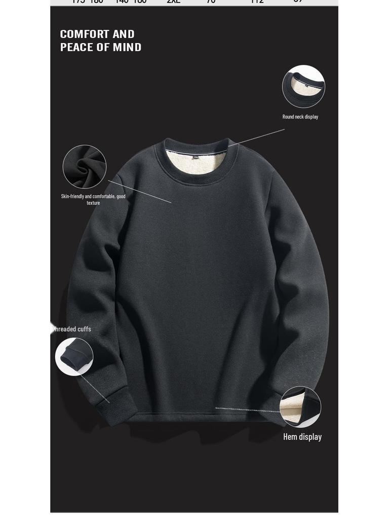 Men's Lambswool Round Neck Hoodie, Velvet-Lined, Thick, Long Sleeve, Warm Winter Top, No Hood