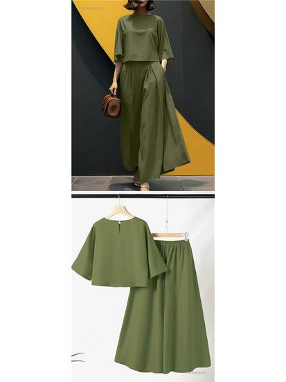 2026 Spring/Summer Women's Solid Color Short Sleeve Casual Loose Trousers Two-Piece Set