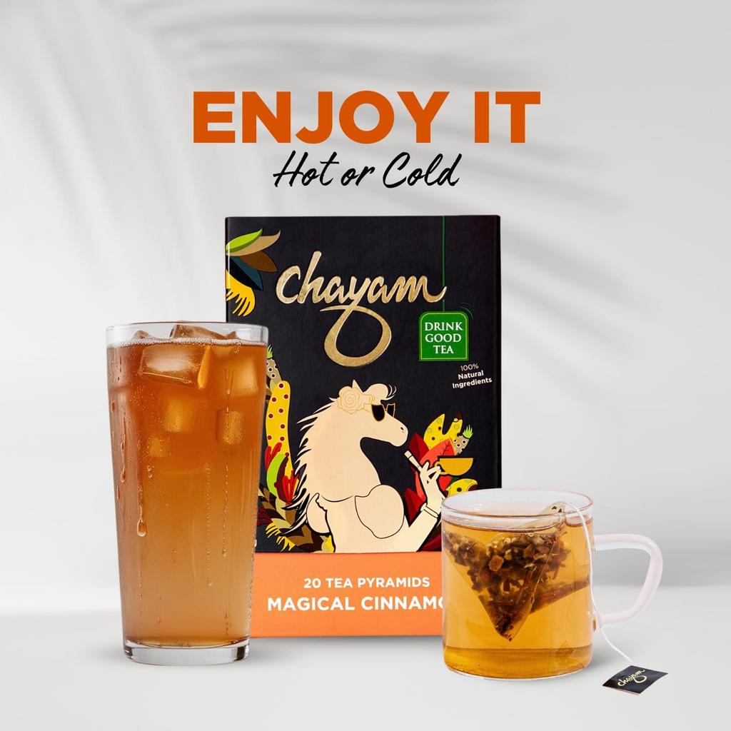 Sachets de Thé à la Cannelle CHAYAM avec Zeste d'Orange, Clou de Girofle, Anis Étoilé | 20 Sachets de Thé, Pack de 1 | Thé Vert à la Cannelle | Ingrédients 100% Naturels Réels et Entiers