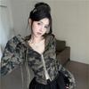 Pure desire Spice Girl camouflage hooded short jacket T-shirt women's V-neck zipper waist tight long-sleeved cardigan crop top