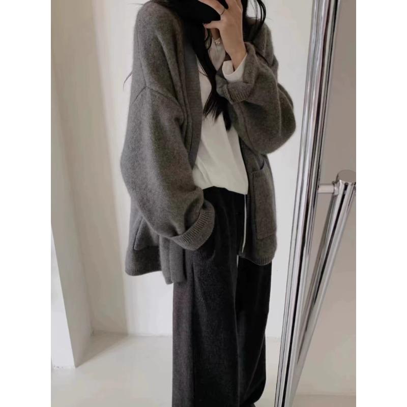 Femei coreene negru cu buzunar largi Cardigan pulover Palton gri Moda toamna iarna Vacanta Top tricotat Casual Simplitate Nou