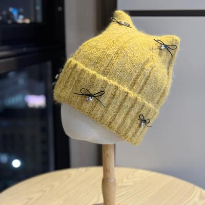 New Cat Ear Woolen Hat for Women In Autumn and Winter with Bow Korean Version Thickened Warm Knitted Hat Showing Face Small Baotou Hat