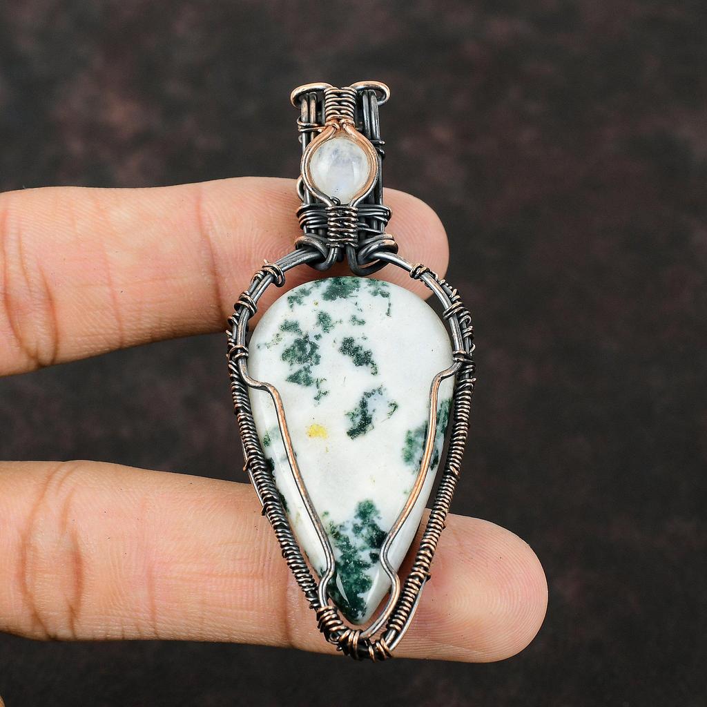 Moss Agate Pendant Copper Wire Wrapped Pendant Rainbow Moonstone Pendant Handmade Jewelry Wrapped Gemstone Pendant Moss Agate Copper Jewelry