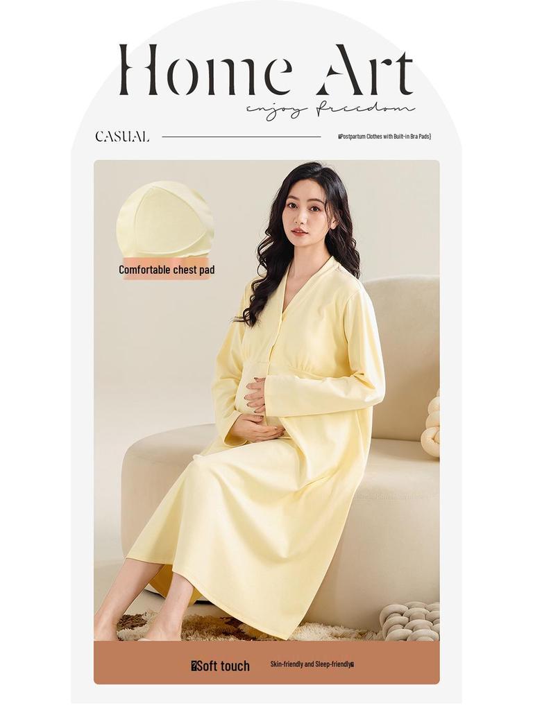 Bavlnová těhotenská noční košile s prsními vložkami pro předporodní a poporodní kojení, jarní/podzimní nošení