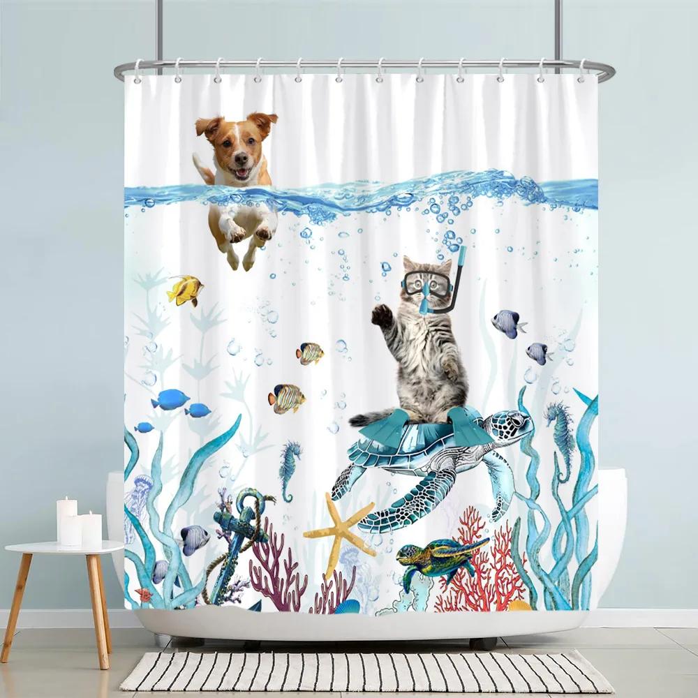 Lustige Meerestiere Kinder Duschvorhang Cartoon Aquarell Kunst Malerei Stil Polyester Stoff Duschvorhang Badezimmer Dekorati