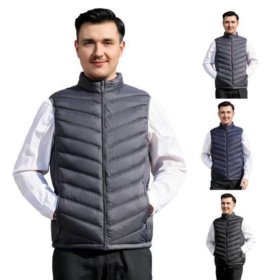 Men Cotton Vest Stand Collar Sleeveless Zipper Closure Thermal Jacket with Pockets Solid Color Winter Waistcoat