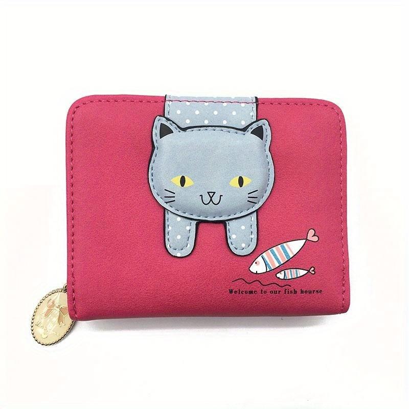 Adorable Cartoon Cat Design Women's Short Wallet with Zipper for Coins and Cards.