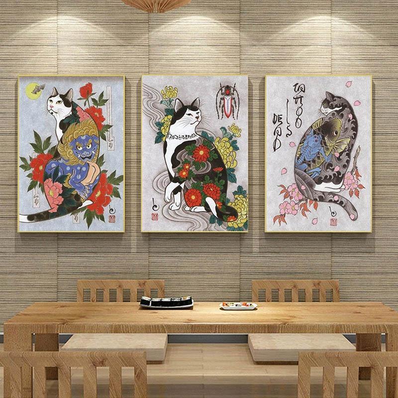 Retro Art Poster Japanese Style Funny Tattoo Pattern Cat Pictures Canvas Print Living Room Wall Art Corridor Home Decor Painting