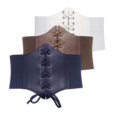 Women Corset Elastic Waistband Lace-up Wide Belt Solid Color Imitation Leather Outfits Dresses Tops Waist Cincher