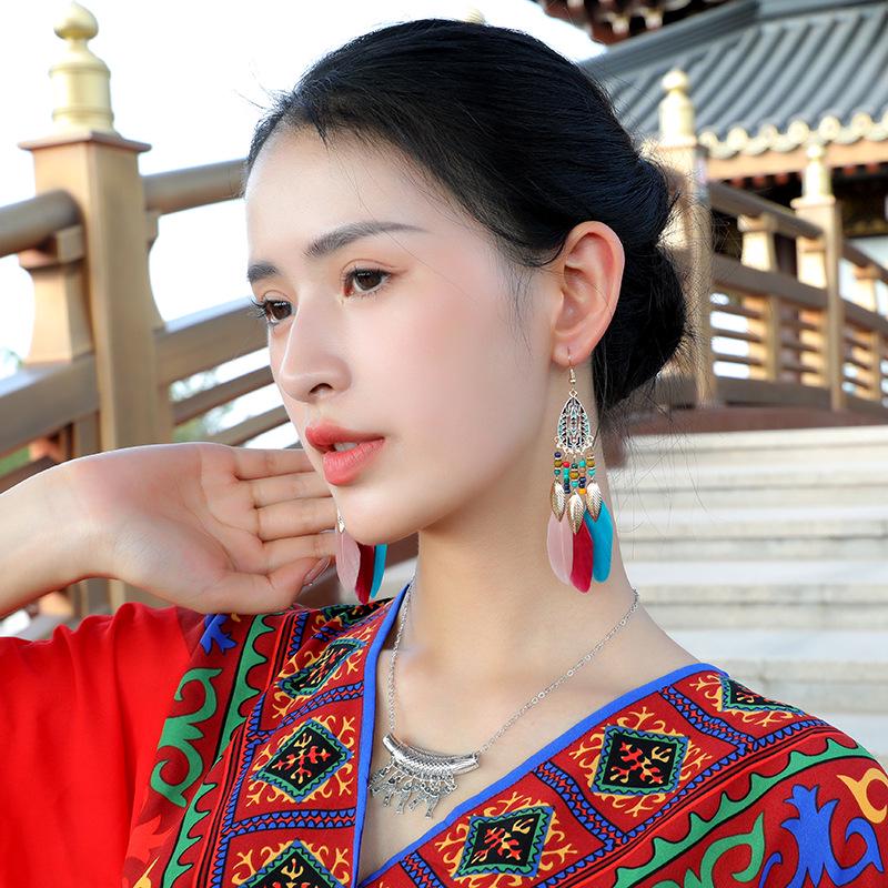 Bohemian Water Drop Tassel Earrings: Long Feather Design with Rice Beads, Ethnic Style for Women - Perfect Travel and Holiday Accessory