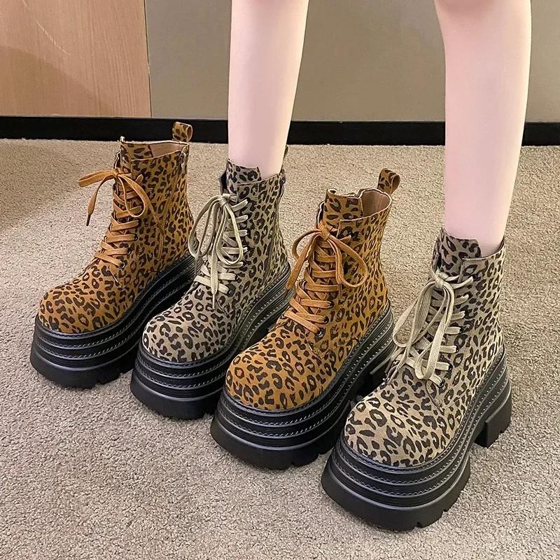 Mode 10CM Hohe Plateau Damen Stiefeletten Leopard Absatz Motorradstiefel Klobige Schnür-Sneakers Trend Winter Goth Kurze Damenstiefel