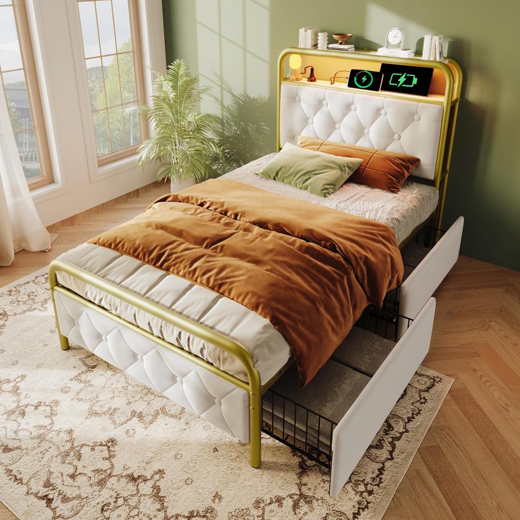 Upholstered Bed Metal Bed 90x200cm 2 Drawers LED Lighting Charging Function Storage Shelf Stable Metal Frame Storage Space Velvet Without Mattress Grey