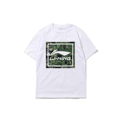 Li Ning Sports Lifestyle Series Logo Square Pattern Printed Round Neck Loose Short Sleeve T-Shirt Men T-Shirt Standard-White AHSS517-3