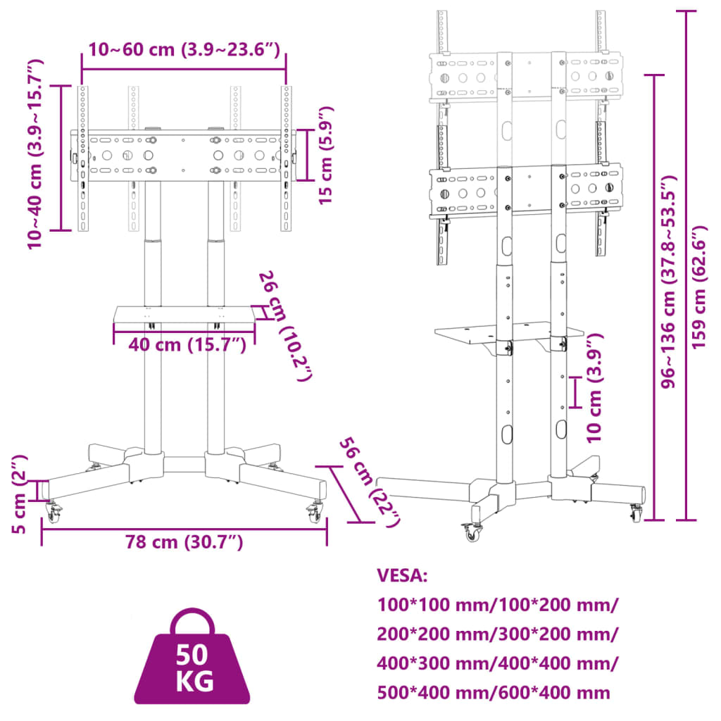 TV Stand with Wheels for 32 70 Inch Screens Max VESA 600*400 Mm 50 Kg Capacity
