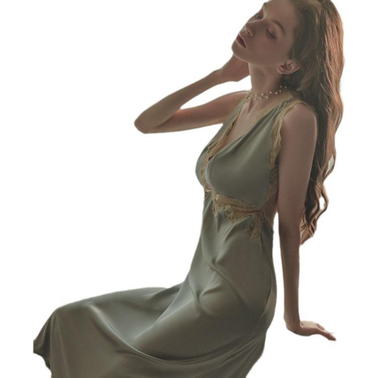 Sexy pajamas women's ice silk summer thin style big beauty back long style knee nightgown new style lace edge pure desire