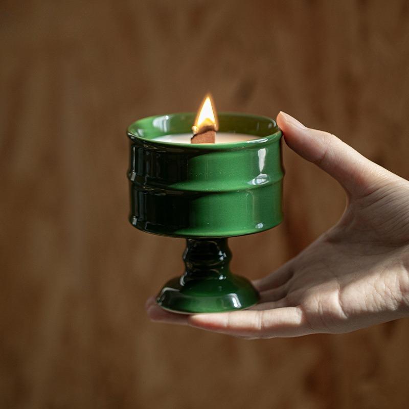 Ceramic High Footed Candle Holder Candle Empty Cup Retro and Simple Soy Wax Container Decoration Aromatherapy Ornament