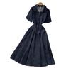 Retro denim lapel short-sleeved A-word dress women's early spring waist and thin temperament commuter skirt