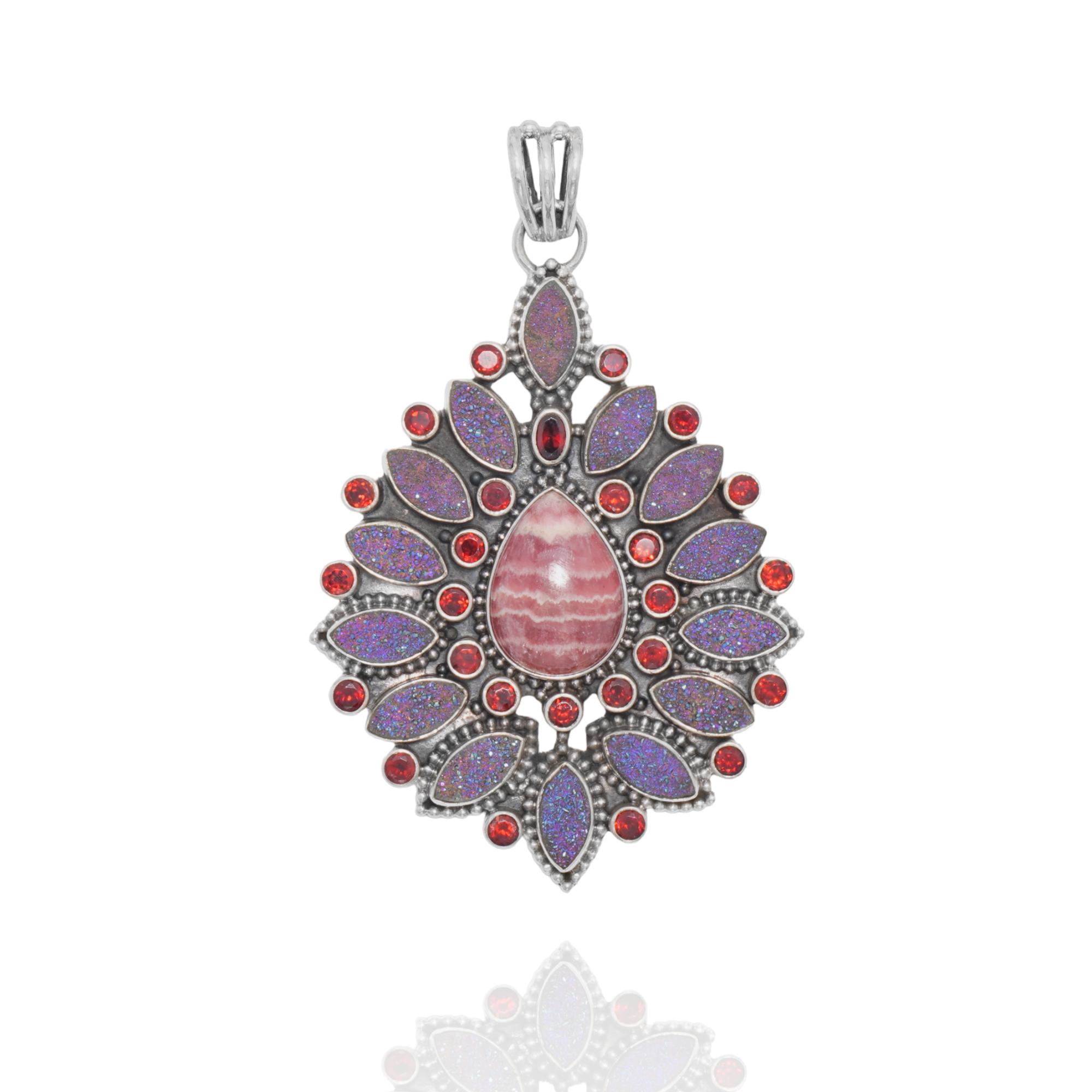 

Gemstone pendant, 92.5 % silver pendant, Rhodochrosite, garnet, Purple druzy pendant, statement pendant