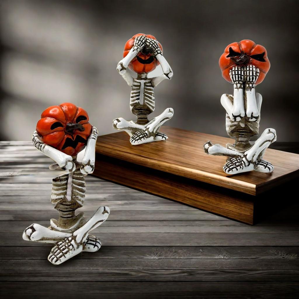 Delightful White Pumpkin Skull Set Three Resin Figurines Perfect For Halloween Parties