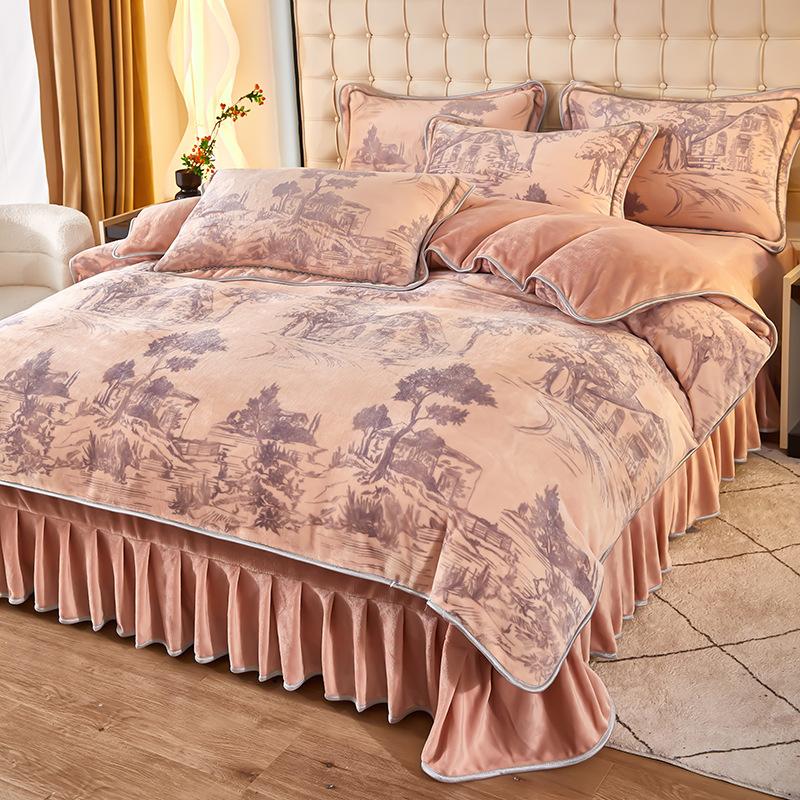 Thickened Milk Fleece Four-Piece Coral Fleece Quilt Cover, Bed Sheet Fleece Double-Sided Fleece Flannel Bedding, Bed Skirt