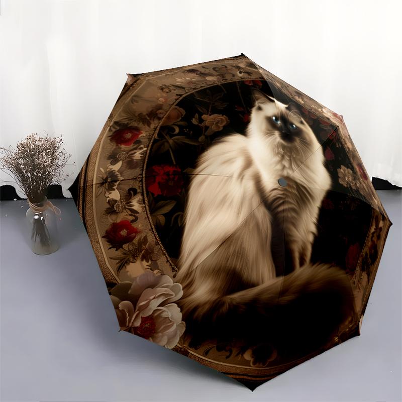 Cats and Vintage Flowers Pattern, Automatic Folding Umbrella, Portable and Foldable Design, 8 Ribs, a Christmas or Birthday Gift.