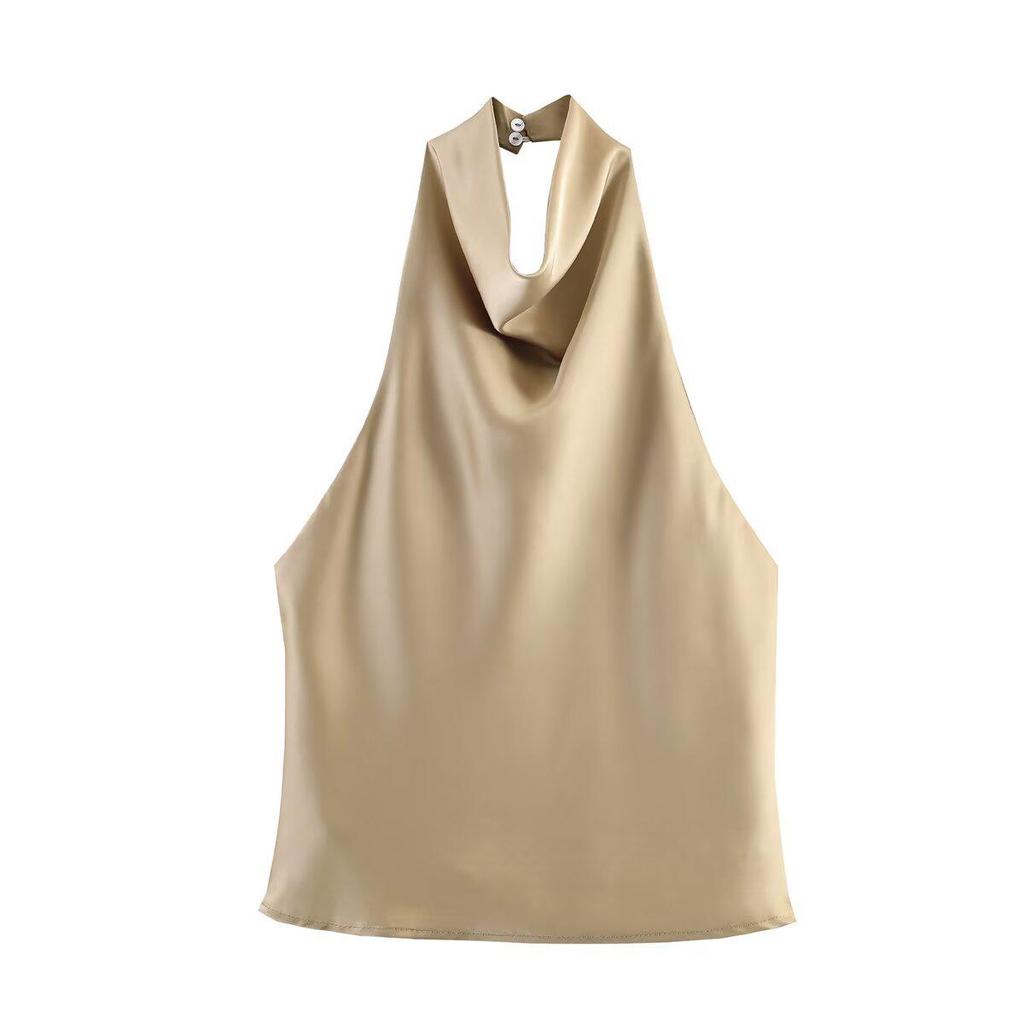 Sophisticated 2025 Summer Silk Satin Halter Neck Top – European & American Style