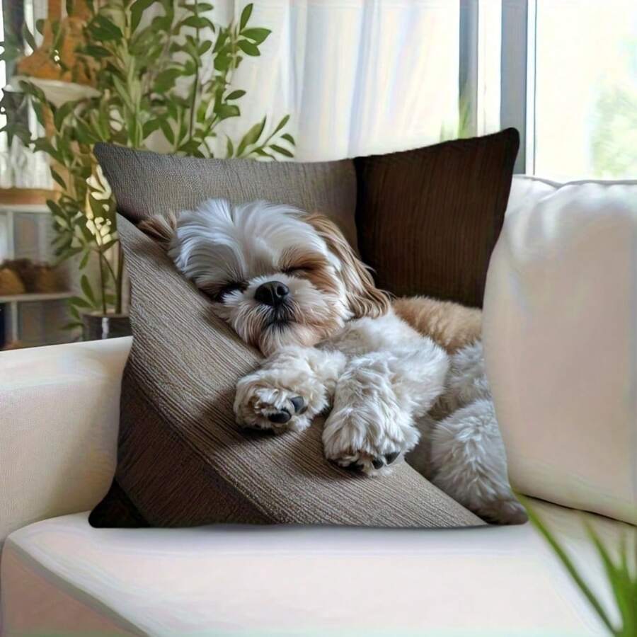 Cute Sleeping Dog Cushion Cover Shih Tzu Puppy Print Decorative Pillow Case Realistic Pet Art Home Sofa Living Room BedroomDecor