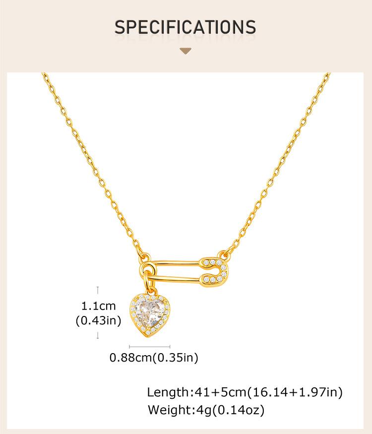 Cubic Zirconia Heart Love Charms Safety Pin Pendant Necklace, Women Necklace Adjustable Stainless Steel Jewelry