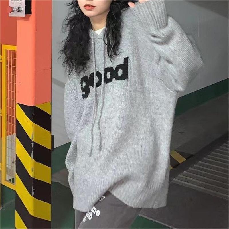 Women's Autumn/Winter 2024 Grey Knit Hoodie: Lazy Style, Loose Fit, Slimming Design