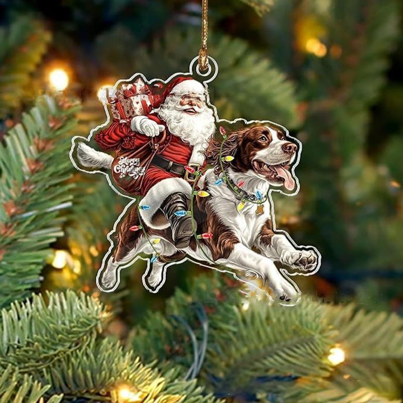 2026 Santa Claus And His Funny Dog Ornament 2D Flat Acrylic Pendant Christmas Decoration For Home Xmas Tree  Year Kerst