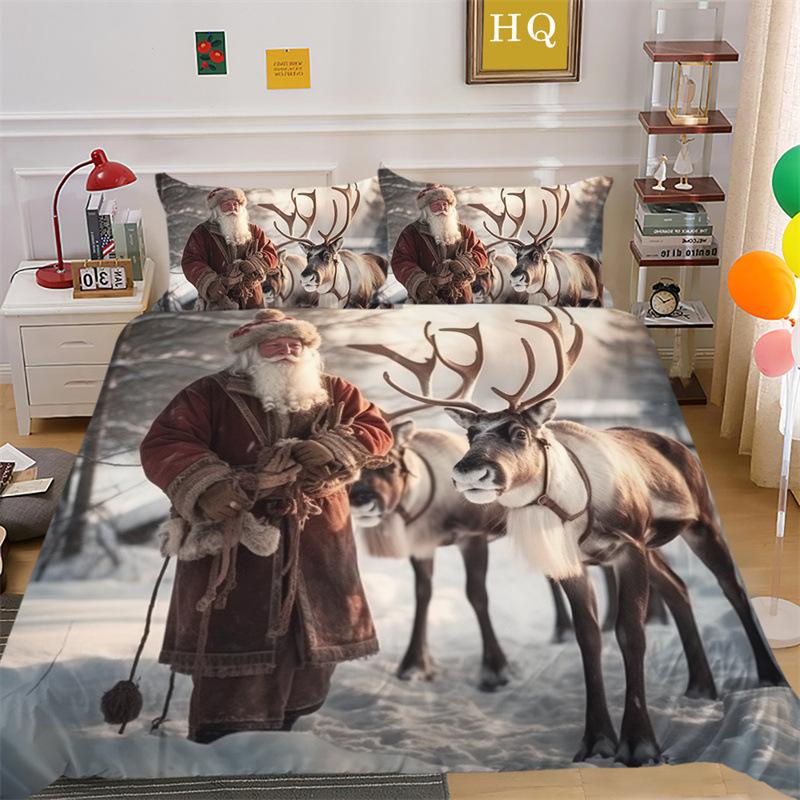 Jultomte Älg 3D-printad Polyester Kuddfodral Täcke Överdrag Två Eller Tre Delars Set