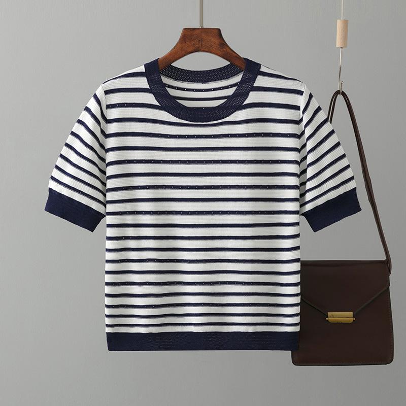 Women Round Neck Streak Short Sleeve Loose T-shirt Summer Trendy Style Comfortable Casual T-shirt Knitted Ice Silk T-shirt