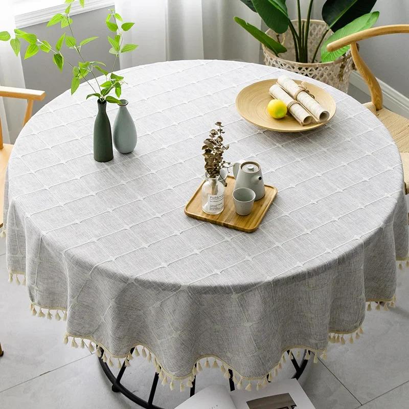 Solid Embroidery Lattice Tablecloth Cotton Linen Dust-Proof Checkered Table Cover For Kitchen Dinning Tabletop Decoration